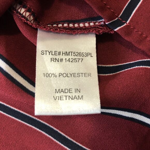 Haute Monde Button Up Blouse Women 2XL Maroon Stripe Semi Sheer Tie Waist & Cuff - Picture 7 of 12